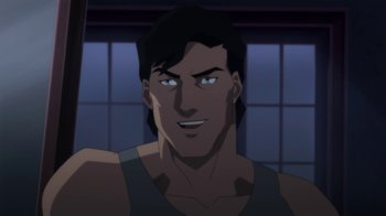 Movie still from “Batman: Hush” (2019), directed by Justin Copeland – A person wearing a tank top; Close Up shot, Over the shoulder angle