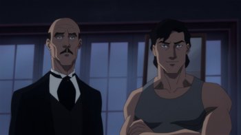 Movie still from “Batman: Hush” (2019), directed by Justin Copeland – Two men standing next to each other in front of a window; Medium shot, Over the shoulder angle