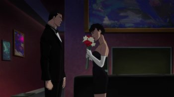 Movie still from “Batman: Hush” (2019), directed by Justin Copeland – A man and a woman holding a bouquet of flowers; Wide shot, Over the shoulder angle