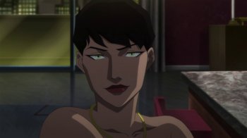 Movie still from “Batman: Hush” (2019), directed by Justin Copeland – A person with short black hair; Close Up shot, Over the shoulder angle