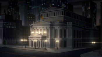 Movie still from “Batman: Hush” (2019), directed by Justin Copeland – An illustration of a building with lights on the outside of the building; Extreme Wide shot, Low angle