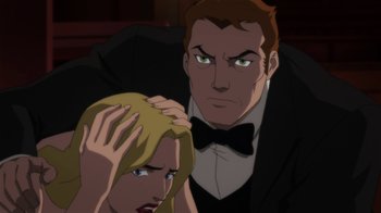 Movie still from “Batman: Hush” (2019), directed by Justin Copeland – A man and a woman in formal wear looking at each other; Close Up shot, Over the shoulder angle