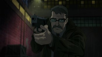 Movie still from “Batman: Hush” (2019), directed by Justin Copeland – A man with a gun in his hand; Medium shot, Low angle