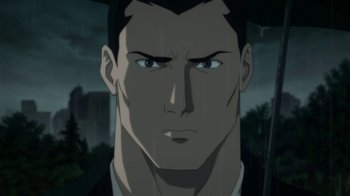 Movie still from “Batman: Hush” (2019), directed by Justin Copeland – A man's face in a cartoon style; Close Up shot, Low angle
