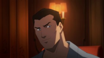 Movie still from “Batman: Hush” (2019), directed by Justin Copeland – A man's face with a candle in the background; Close Up shot, Over the shoulder angle