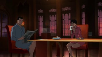 Movie still from “Batman: Hush” (2019), directed by Justin Copeland – A couple of people sitting at a table drinking coffee; Wide shot, High angle