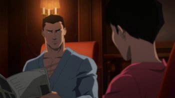 Movie still from “Batman: Hush” (2019), directed by Justin Copeland – A man is looking at himself in the mirror; Medium shot, Over the shoulder angle