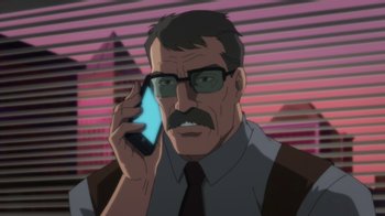 Movie still from “Batman: Hush” (2019), directed by Justin Copeland – An older man with a mustache talking on a cell phone; Close Up shot, Low angle