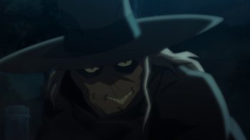 Movie still from “Batman: Hush” (2019), directed by Justin Copeland – A person wearing a hat; Extreme Close Up shot, Low angle