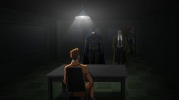 Movie still from “Batman: Hush” (2019), directed by Justin Copeland – A man sitting at a table in front of batman; Extreme Wide shot, High angle
