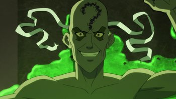 Movie still from “Batman: Hush” (2019), directed by Justin Copeland – An illustration of a man with a snake on his head; Close Up shot, High angle