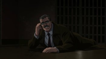 Movie still from “Batman: Hush” (2019), directed by Justin Copeland – An animated man in a suit and tie; Medium shot, High angle