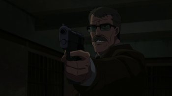 Movie still from “Batman: Hush” (2019), directed by Justin Copeland – A man with a gun in his hand; Close Up shot, Over the shoulder angle