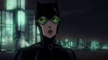 Movie still from “Batman: Hush” (2019), directed by Justin Copeland – A person wearing a cat suit; Close Up shot, Low angle