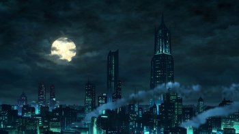 Movie still from “Batman: The Killing Joke” (2016), directed by Sam Liu – A full moon rises over a city at night; Extreme Wide shot, Low angle