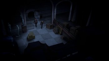 Movie still from “Batman: The Killing Joke” (2016), directed by Sam Liu – Two people standing in a dark room with boxes; Extreme Wide shot, High angle