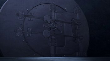 Movie still from “Batman: The Killing Joke” (2016), directed by Sam Liu – A large metal door with a large round opening in the middle of it; Extreme Close Up shot, High angle