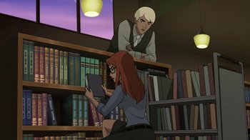 Movie still from “Batman: The Killing Joke” (2016), directed by Sam Liu – A woman sitting on the ground in front of a bookshelf; Medium shot, Over the shoulder angle