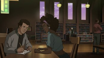 Movie still from “Batman: The Killing Joke” (2016), directed by Sam Liu – A man and a woman are playing a video game in a library; Medium shot, High angle