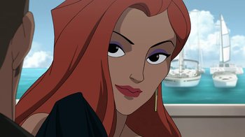 Movie still from “Batman: The Killing Joke” (2016), directed by Sam Liu – A person with long red hair; Close Up shot, Over the shoulder angle