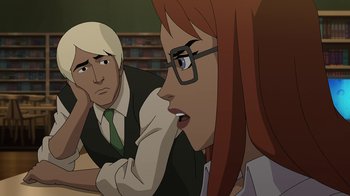 Movie still from “Batman: The Killing Joke” (2016), directed by Sam Liu – A man and a woman sitting in front of a book shelf; Medium shot, Over the shoulder angle