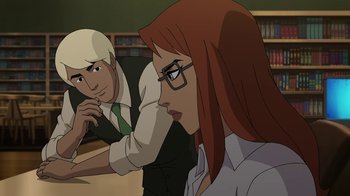 Movie still from “Batman: The Killing Joke” (2016), directed by Sam Liu – A man and a woman sitting in front of a book shelf; Medium shot, Over the shoulder angle