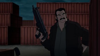 Movie still from “Batman: The Killing Joke” (2016), directed by Sam Liu – An animated picture of a man holding a gun in his hand; Medium shot, High angle