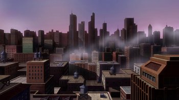 Movie still from “Batman: The Killing Joke” (2016), directed by Sam Liu – A city skyline with a lot of buildings in the background; Extreme Wide shot, High angle