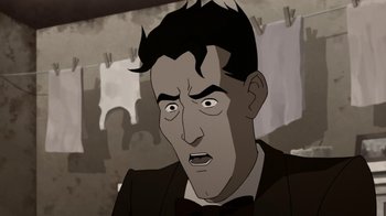 Movie still from “Batman: The Killing Joke” (2016), directed by Sam Liu – An animated picture of a man in a suit and tie; Close Up shot, High angle