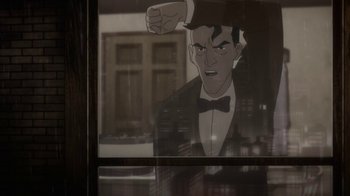 Movie still from “Batman: The Killing Joke” (2016), directed by Sam Liu – A cartoon picture of a man in a suit and bow tie; Medium shot, High angle