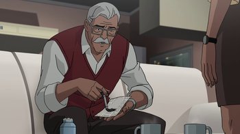 Movie still from “Batman: The Killing Joke” (2016), directed by Sam Liu – An old man sitting on a chair painting a picture; Medium shot, High angle