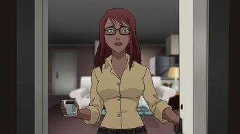 Movie still from “Batman: The Killing Joke” (2016), directed by Sam Liu – An animated woman holding a cell phone in her hand; Medium shot, Over the shoulder angle