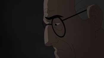 Movie still from “Batman: The Killing Joke” (2016), directed by Sam Liu – An old man with glasses is looking into the distance; Close Up shot, Low angle