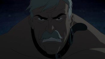 Movie still from “Batman: The Killing Joke” (2016), directed by Sam Liu – An old man with a beard and a mustache; Close Up shot, Low angle