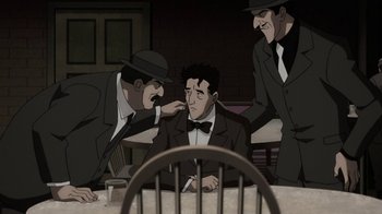 Movie still from “Batman: The Killing Joke” (2016), directed by Sam Liu – A group of men standing next to each other in front of a table; Medium shot, Over the shoulder angle