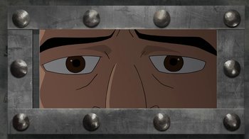 Movie still from “Batman: The Killing Joke” (2016), directed by Sam Liu – The eyes of a man with brown eyes; Extreme Close Up shot, High angle