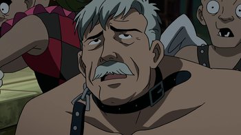 Movie still from “Batman: The Killing Joke” (2016), directed by Sam Liu – An old man with a mustache and a beard; Close Up shot, Low angle