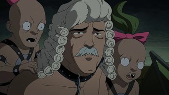 Movie still from “Batman: The Killing Joke” (2016), directed by Sam Liu – An old man in a wig and some other people; Close Up shot, Low angle