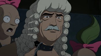 Movie still from “Batman: The Killing Joke” (2016), directed by Sam Liu – An old man with white hair and a black collar; Close Up shot, Over the shoulder angle