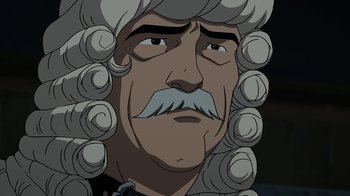 Movie still from “Batman: The Killing Joke” (2016), directed by Sam Liu – An old man with a beard and a white wig; Close Up shot, High angle