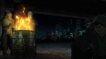 Movie still from “Batman: The Killing Joke” (2016), directed by Sam Liu – An image of people in a city at night; Wide shot, High angle