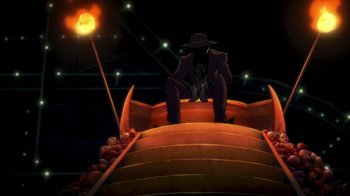 Movie still from “Batman: The Killing Joke” (2016), directed by Sam Liu – A man sitting on top of a wooden stair case; Wide shot, High angle