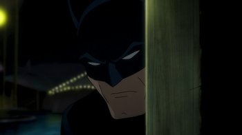 Movie still from “Batman: The Killing Joke” (2016), directed by Sam Liu – Batman's face as seen in batman : the brave and the bold; Close Up shot, Over the shoulder angle