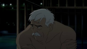 Movie still from “Batman: The Killing Joke” (2016), directed by Sam Liu – An old man with white hair and a mustache; Close Up shot, High angle