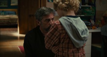 Movie still from “Beautiful Boy” (2018), directed by Felix van Groeningen – An older man and a young boy are looking at each other; Medium shot, Over the shoulder angle