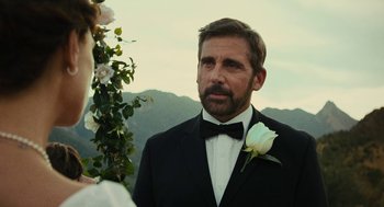 Movie still from “Beautiful Boy” (2018), directed by Felix van Groeningen – A person wearing a suit and a bow tie; Close Up shot, Over the shoulder angle