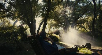 Movie still from “Beautiful Boy” (2018), directed by Felix van Groeningen – A man sitting in a chair in the shade of a tree; Wide shot, Over the shoulder angle