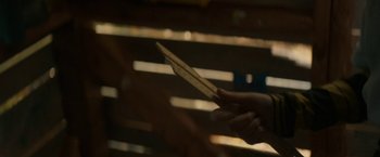 Movie still from “Becky” (2020), directed by Jonathan Milott – A person holding an object in their hand; Extreme Close Up shot, Low angle