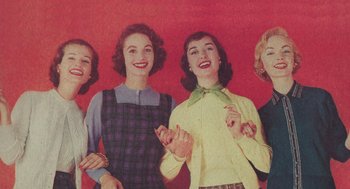 Movie still from “Beginners” (2010), directed by Mike Mills – A group of women standing next to each other in front of a red wall; Medium shot, Low angle