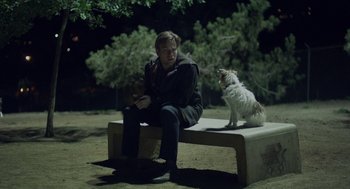 Movie still from “Beginners” (2010), directed by Mike Mills – A man sitting on top of a bench next to a dog; Wide shot, Over the shoulder angle